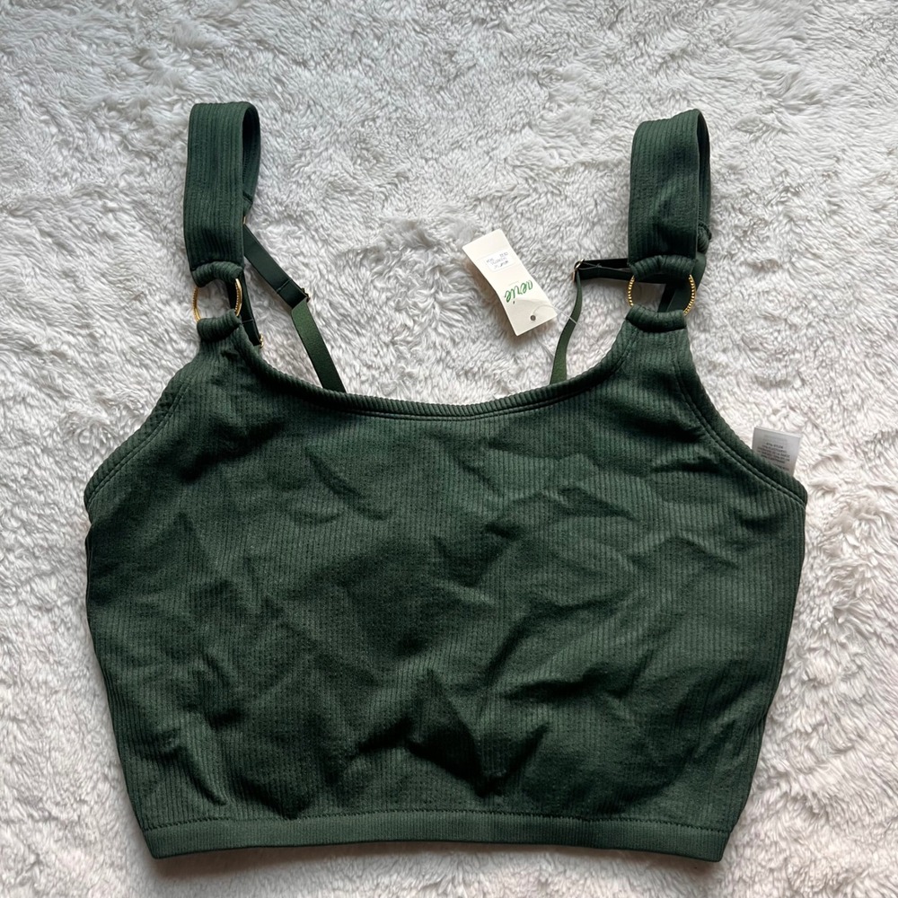 Aerie Forest Green Ribbed Seamless Bralette Gold Ring Straps XL 2694-3434 NWT